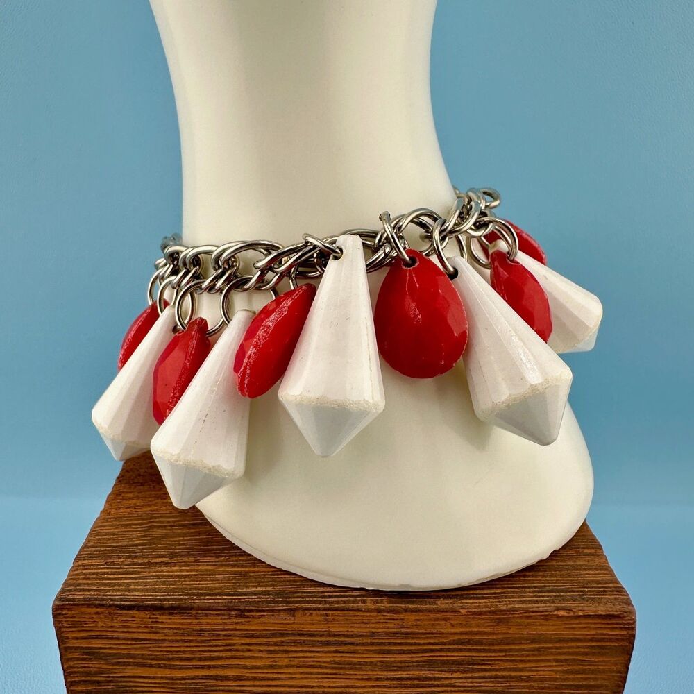 Vintage Charm Bracelet Chunky Acrylic Pointed Cone White Beads Red Silver Tone